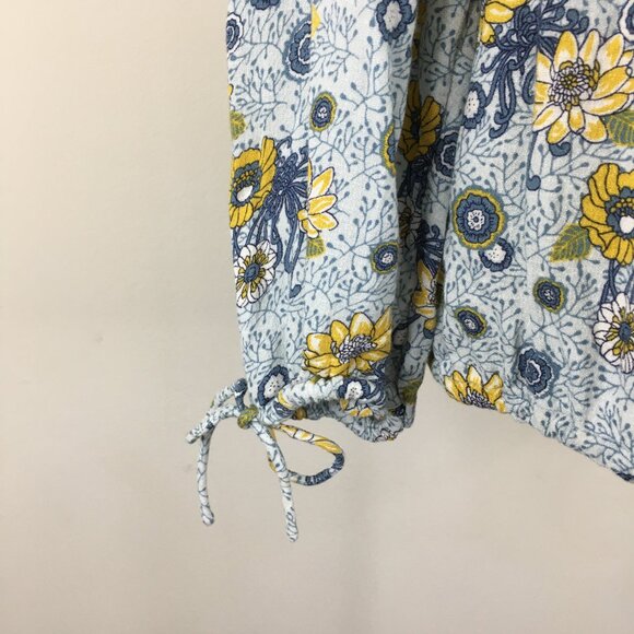 LUCKY BRAND Blue Yellow White Floral Print Tie Sleeve Some Buttons Boho Shirt - Picture 8 of 9